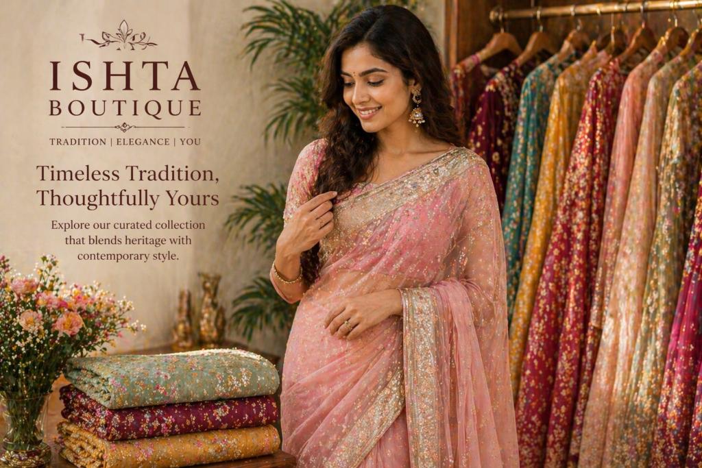 Elegant woman wearing designer saree from Ishtaa online boutique in Kollam collection